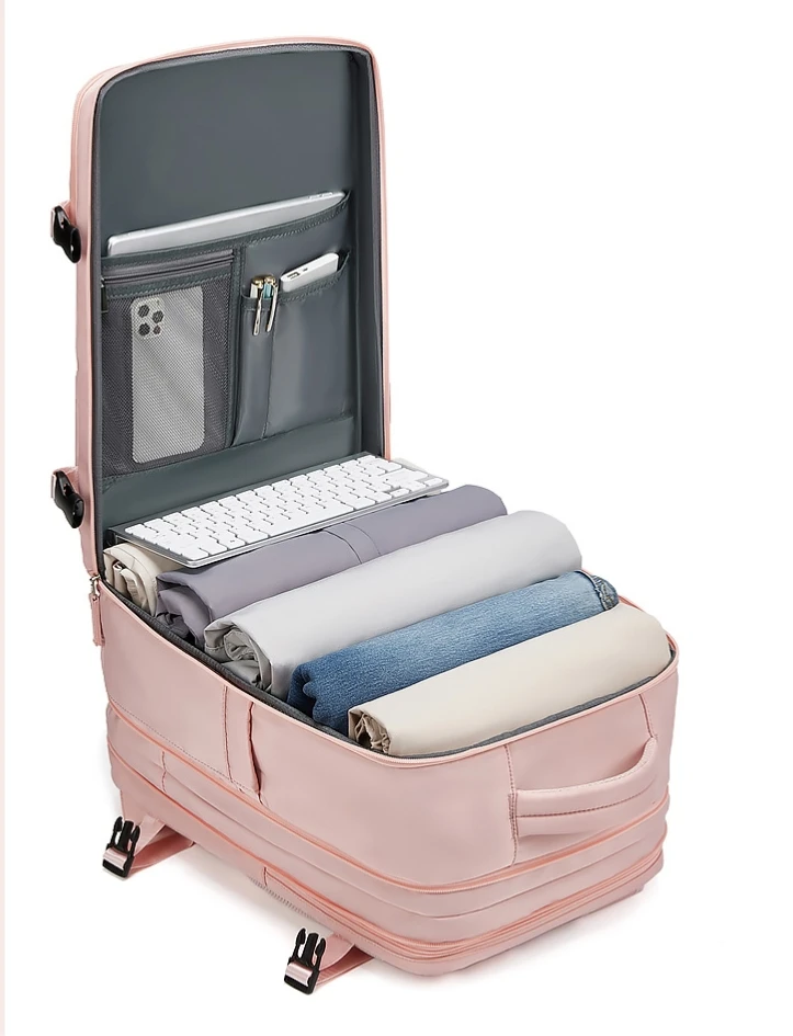 Custom Large  Expandable 16 Inches Business Laptop Backpack Travel Short Trip Woman Pink  Luggage Bag with Shoe Bag for Girls