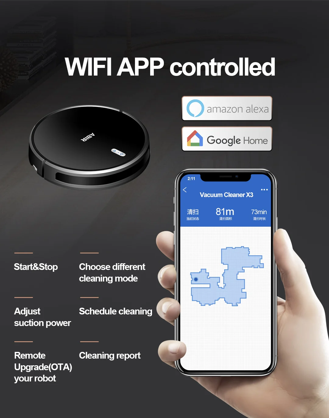 Self Charge Vacuum Robot Cleaner WiFi App Control Smart Sweep Robot Vacuum Cleaner with Mopping ABIR G30