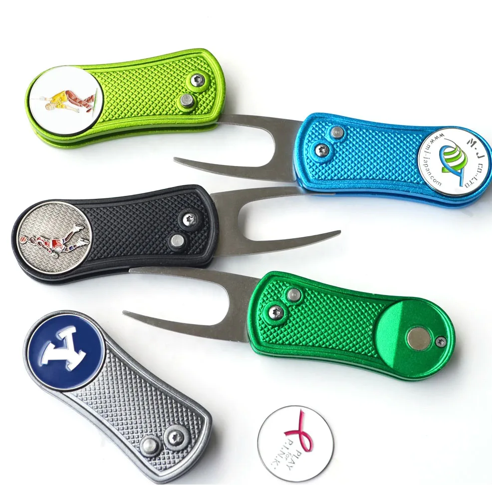 Switch blade divot tool Metal Golf Divot Repair Tool with Custom Ball Marker 10 Colors Available Stainless Steel Pitchfork