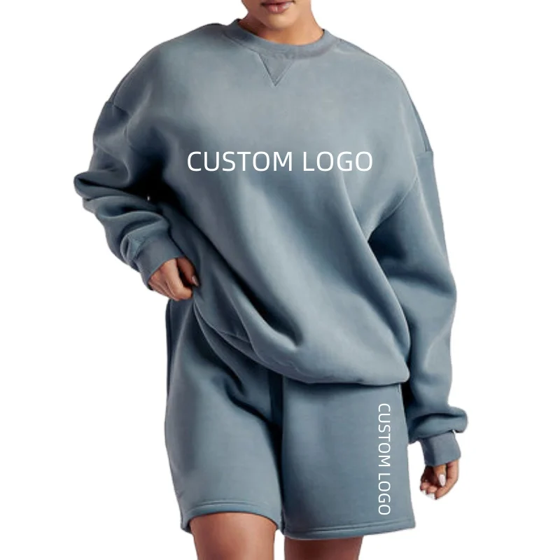 Oem high quality custom velour 2 piece set tracksuit sweatsuit outfits casual women sweatshirt and shorts set for winter wear