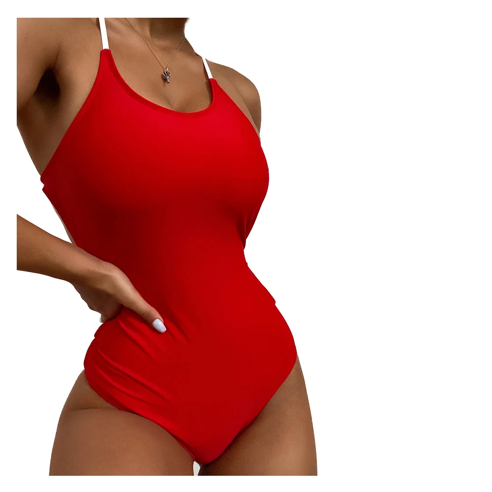 FS Girl Swimwear Stylish Beach Surf Red One Piece White Shoulder Strap Bikini Teen