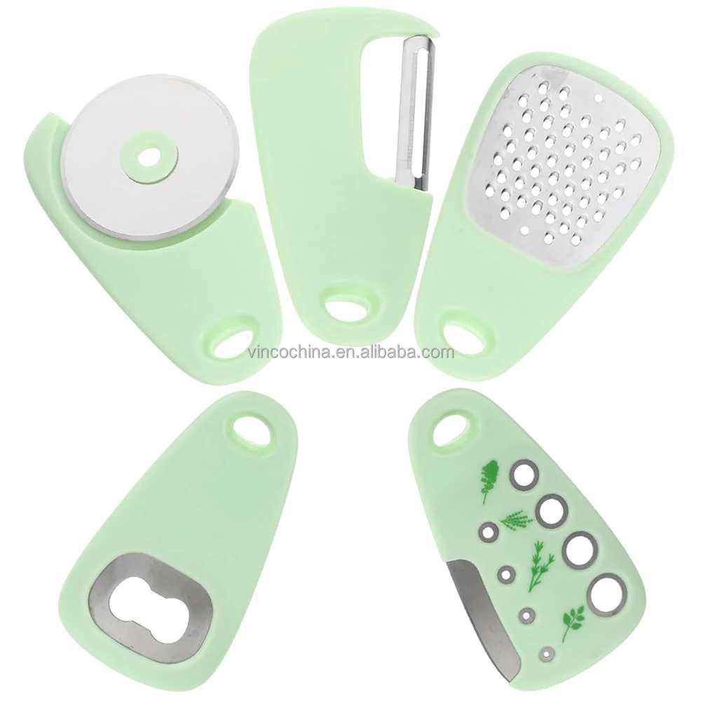 Kitchen Gadgets Set of 6 - Cheese Grater, Pizza Cutter, Bottle Opener, Vegetable Peeler, Garlic Mincer, Herb Stripper