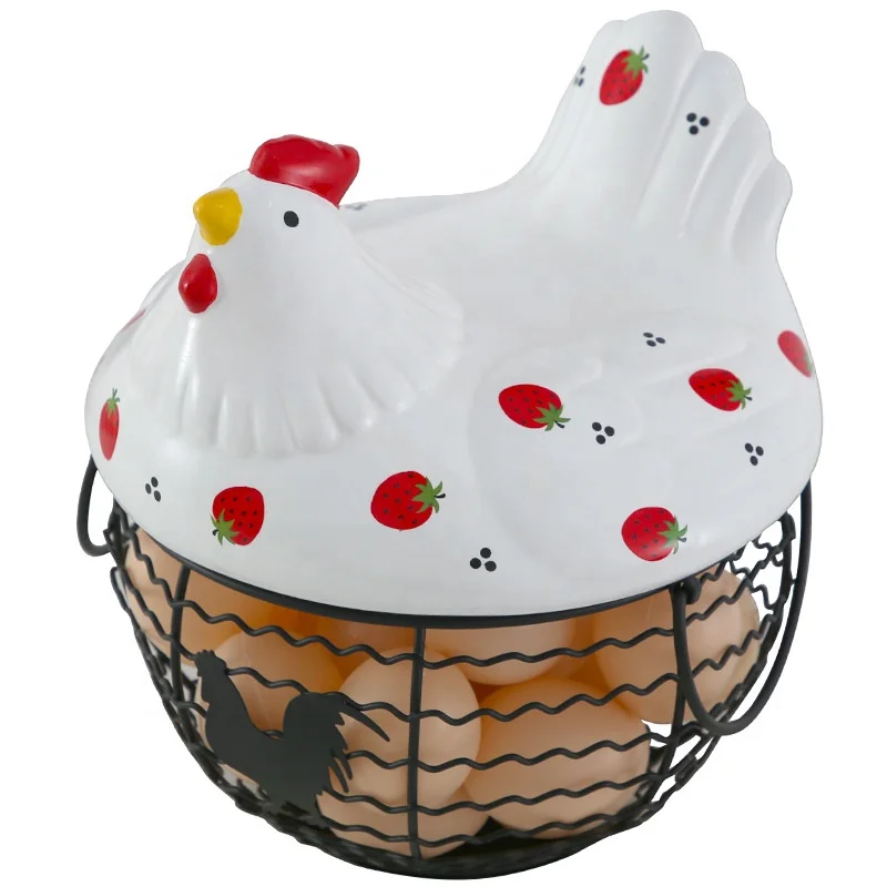 new design wholesale iron hen egg handing storage kitchen food vegetable galic fruit basket with ceramic chicken shaped lid