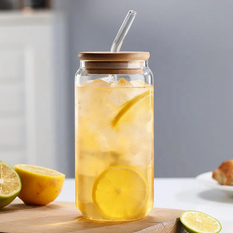 Environmental Friendly Heat Resistant Transparent Glass Beer Can Cup With Bamboo Lid And Straw