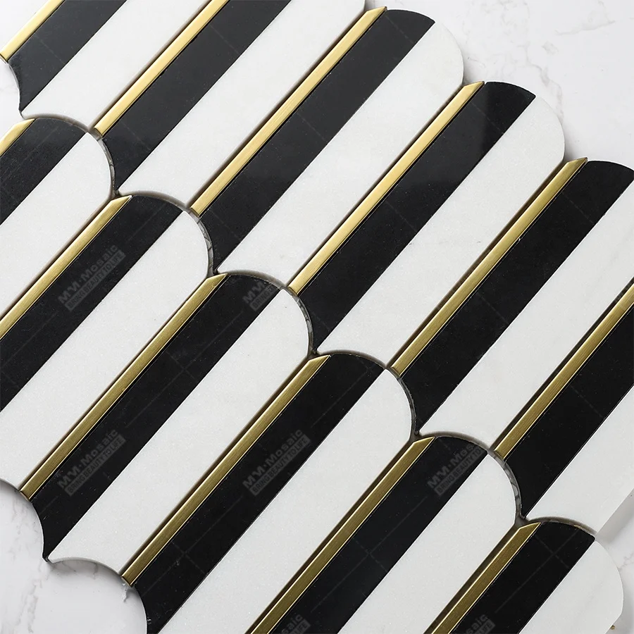 China Feather Shape Thassos White Mix Dark Green Gold Stainless Steel Brass Polished Marble Stone Waterjet Mosaic Wall Tiles