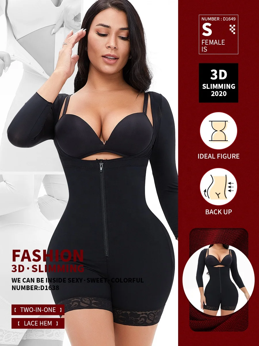 Plus size slim full body high waist girdles butt lifter Fajas anti gravity long sleeve front zipper button 3D shaping bodysuit