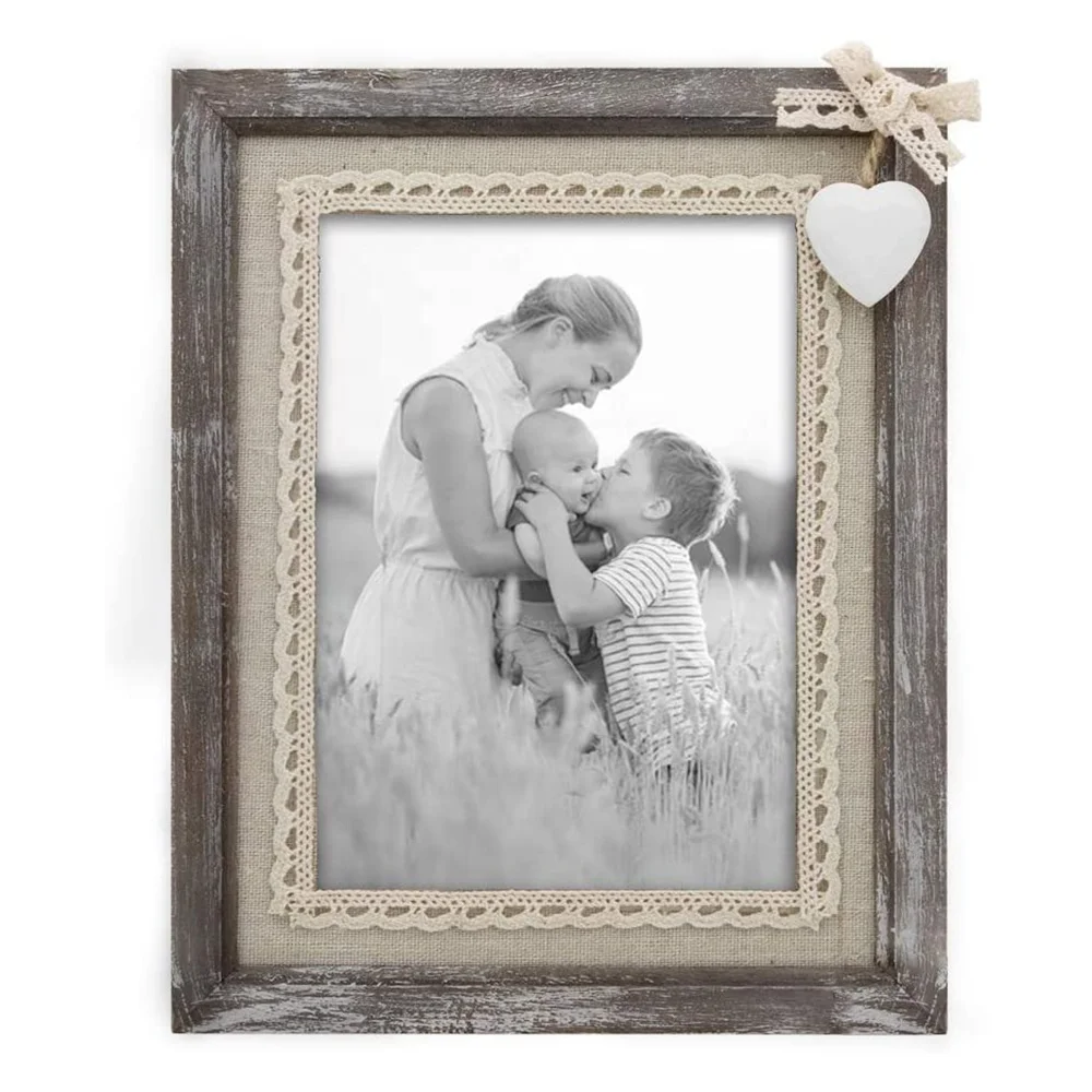 
Afuly Distressed Wood Picture Frame 5x7 with Wooden White Heart Rustic Love Photo Frames Burlap Unique for Grandma Wedding Gifts 