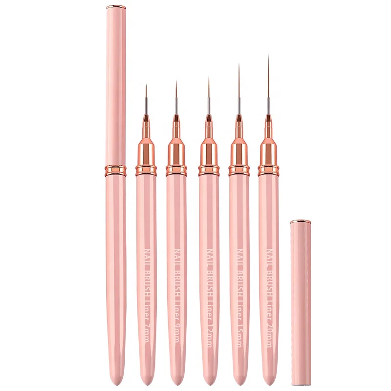 Professional Metal Handle Nylon Hair 5pcs Nail Brush Set Painting Line 9mm Nail Art Liner Brush for Nail Beauty Kits
