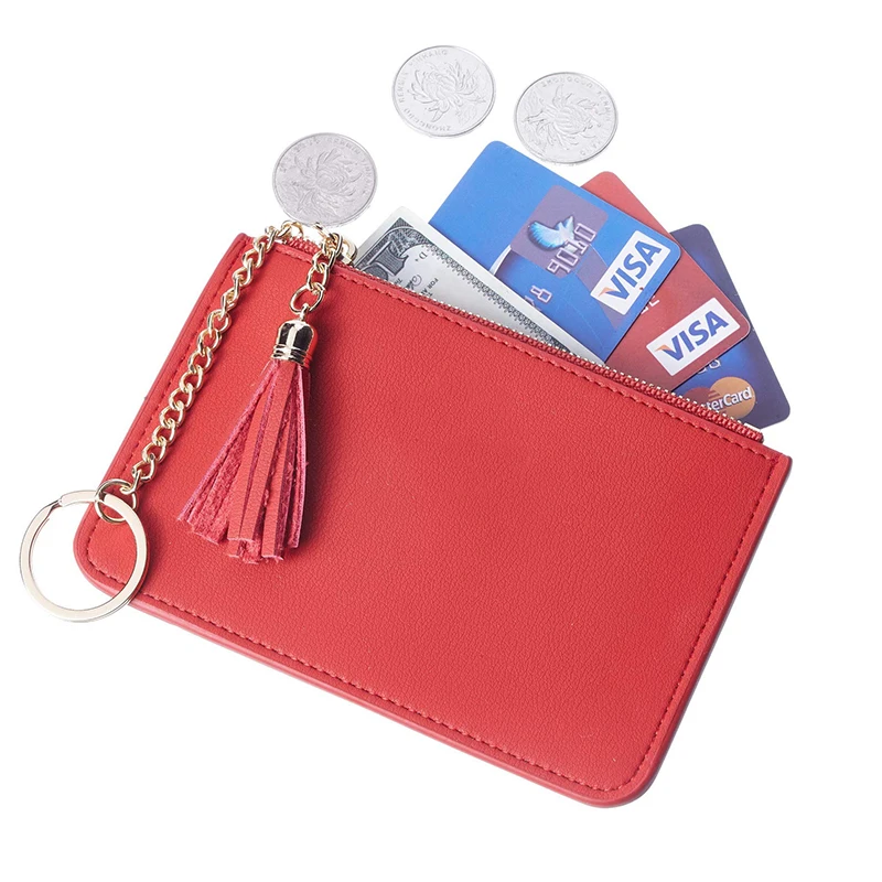 Coin Purse Change Wallet Pouch Leather Card Holder with Key Chain Tassel Zip