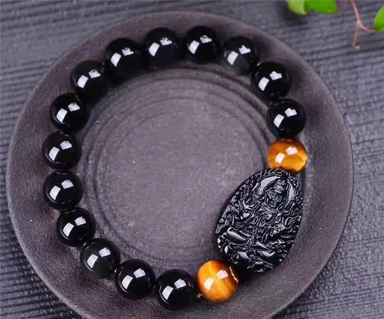 Natural Obsidian Carving Eight Patron Saint Lucky Amulet 10mm Round Bead Bracelet For Women Men Bracelet