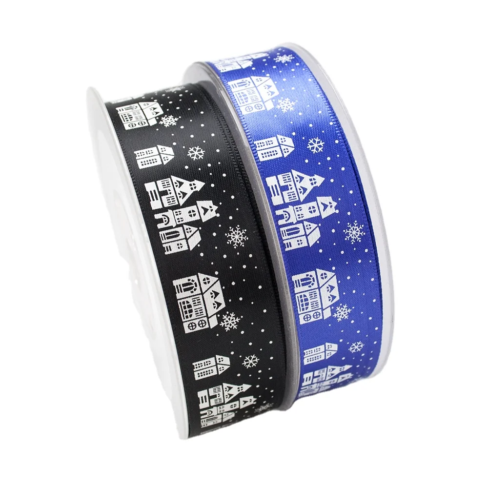 Wholesale blue and black 22mm(7/8 inch) christmas holiday silk printed satin celebrate it ribbon