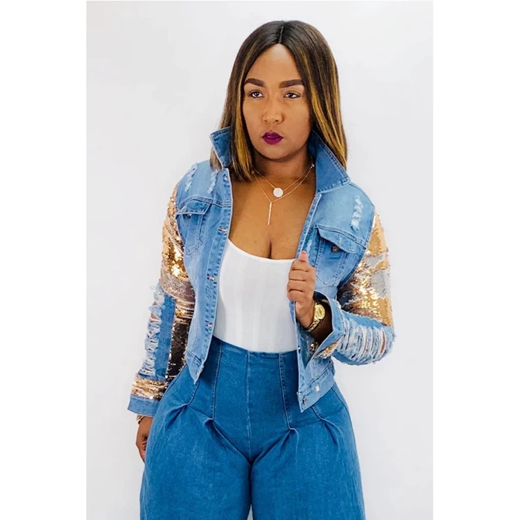 
new fashion fall autumn women denim coat embroidered sequin jean cropped jacket women 