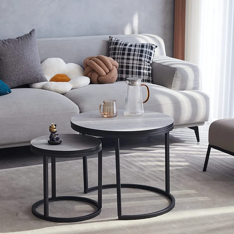 Italian Limestone Sand Art 2 pcs Nested Set of Round Wood End Tables Marble Modern Living Room Furniture