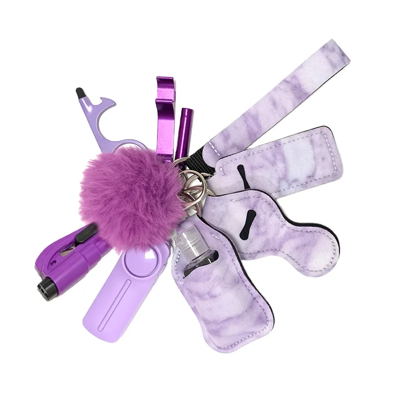 10 Piece/Set Designer Women Girls Safety Keychains Accessories Kit Self Defense Keychain Set Window Breaker Pom Pom Whistle (1600502064545)