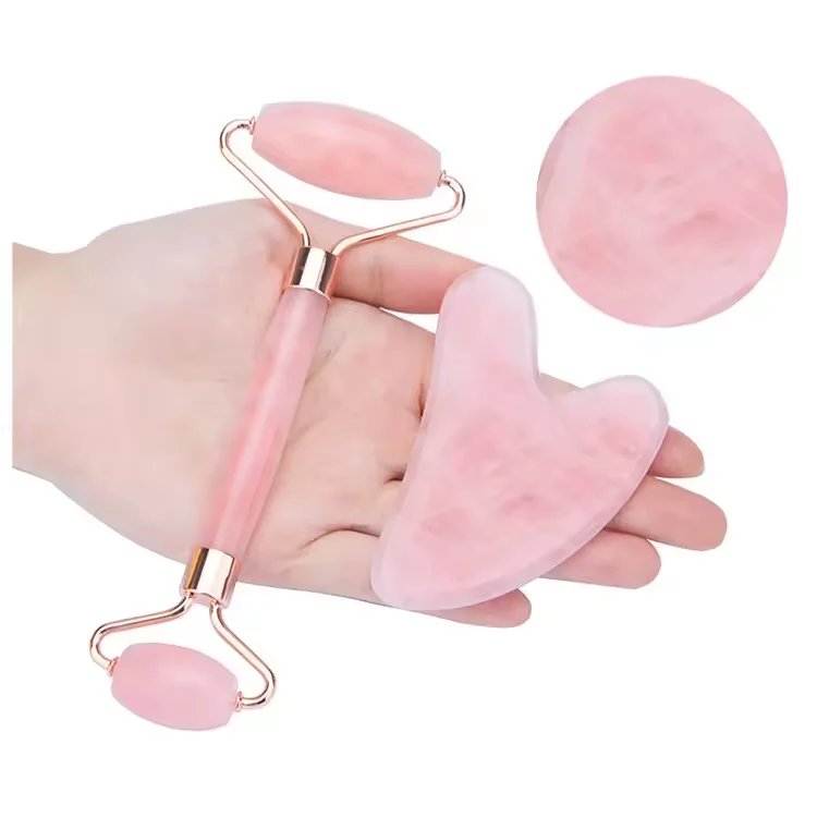 High Quality Pink Jade Roller Face Massage Roller Jade Guasha Stone Hot Selling Jade Roller Guasha Set