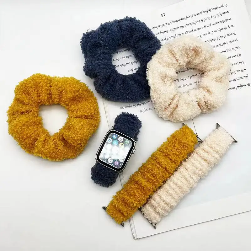 New Scrunchie Elastic Elastic Teddy Strap for Apple Watch Band Series 7 6 SE 5 4 3 For iWatch Ladies Hair Watchband Bracelet