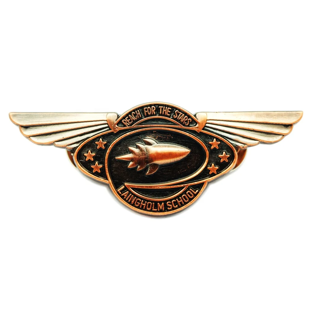 High Quality Wholesale Oem and Odm unique silver badge personalized vintage brass stamping 3D metal wings pin