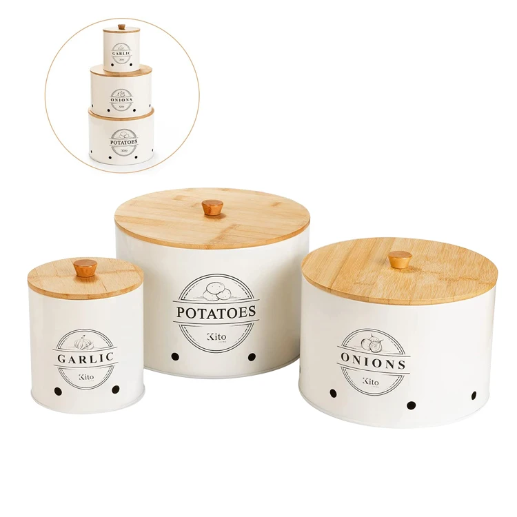 Canister Sets For Kitchen Counter 3 Piece Garlic Potato Onion Keeper Kitchen with Wooden Bamboo Lids (1600456295731)