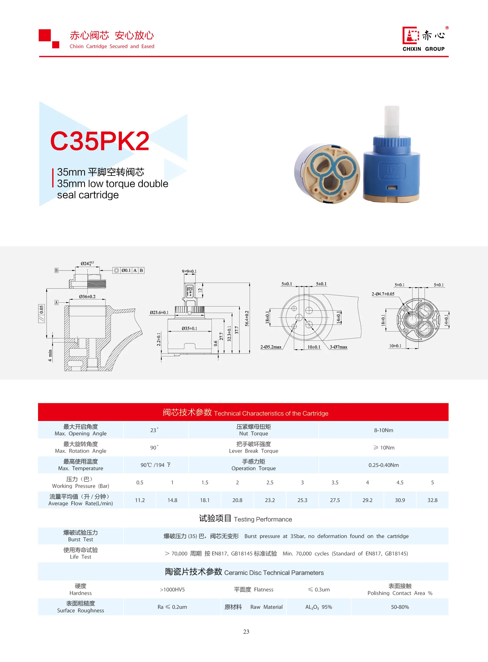 Chixin Wholesale High Quality 35mm Faucet Ceramic Brass Disc Cartridge