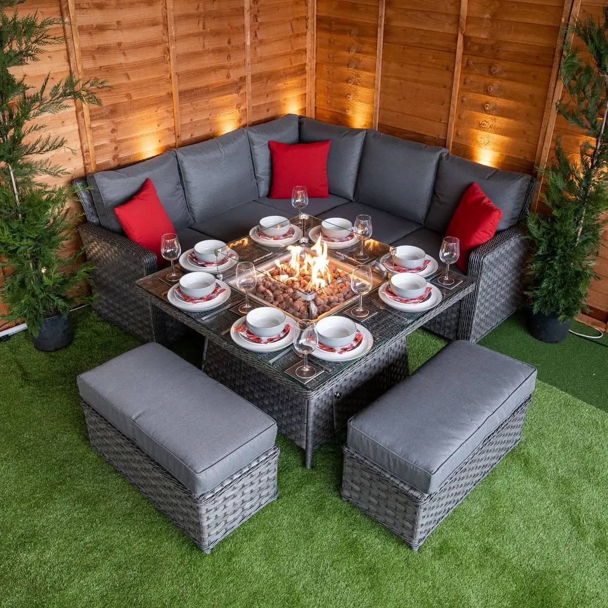 Outdoor furniture CORNER DINING SET WITH FIRE PIT for sale