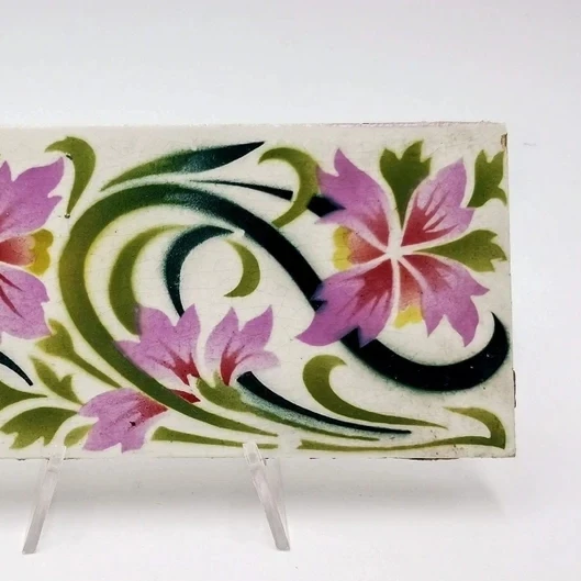 Antique French tiles Art Nouveau style stenciled & airbrushed flowers in purple and green antique rectangular tiles