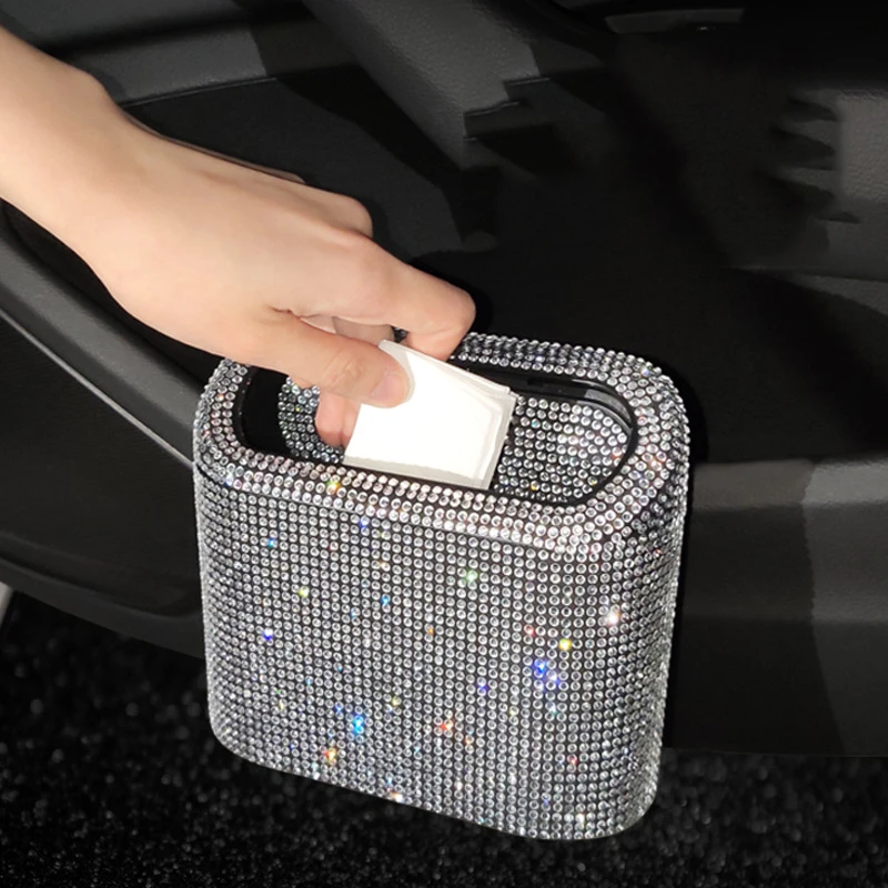 Luxury Fashion car interior storage bag car trash can advanced color diamond press type small car organizer trash box
