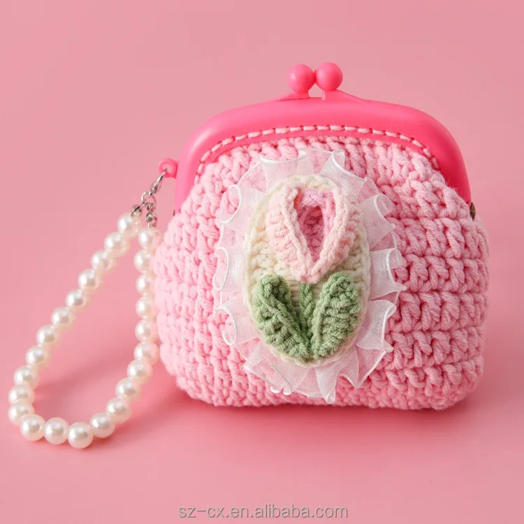 Mini Pearl Chain Coin Purse Cosmetic Bag Wallet Tulip Crochet Coin Bag for Kids Women Girls