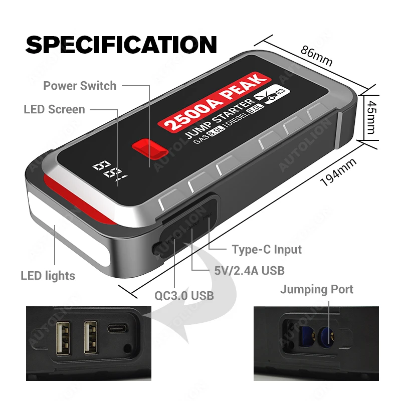 Best Selling Peak Current  2500A 12v 8.0L gasoline and 8.0L diesel Emergency  portable multi-function jump starter