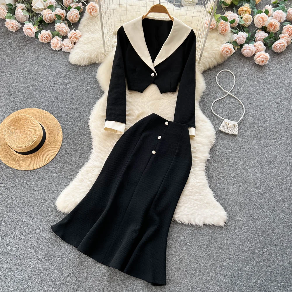 Custom short lapel blazer fishtail skirt 2 pieces one set black white casual blazer skirt lady clothes