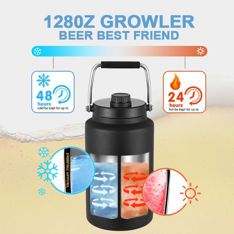 AMZ Popular 128oz Double Layer Stainless Steel Beer Keg Metal Growler Gym Fitness Water Bottle 1 Gallon Jug