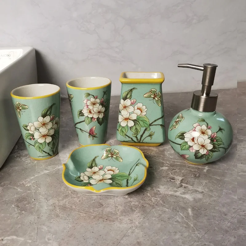 Home Decor American Bathroom five-piece luxury household ceramic toiletries Couple mouthwash cup Brushing cup set