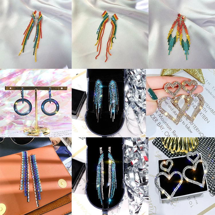  Fashion Long Geometric Drop Earrings Luxury Gold Silver Color Rectangle Rhinestone Hoop Earring For Women Party Jewelry