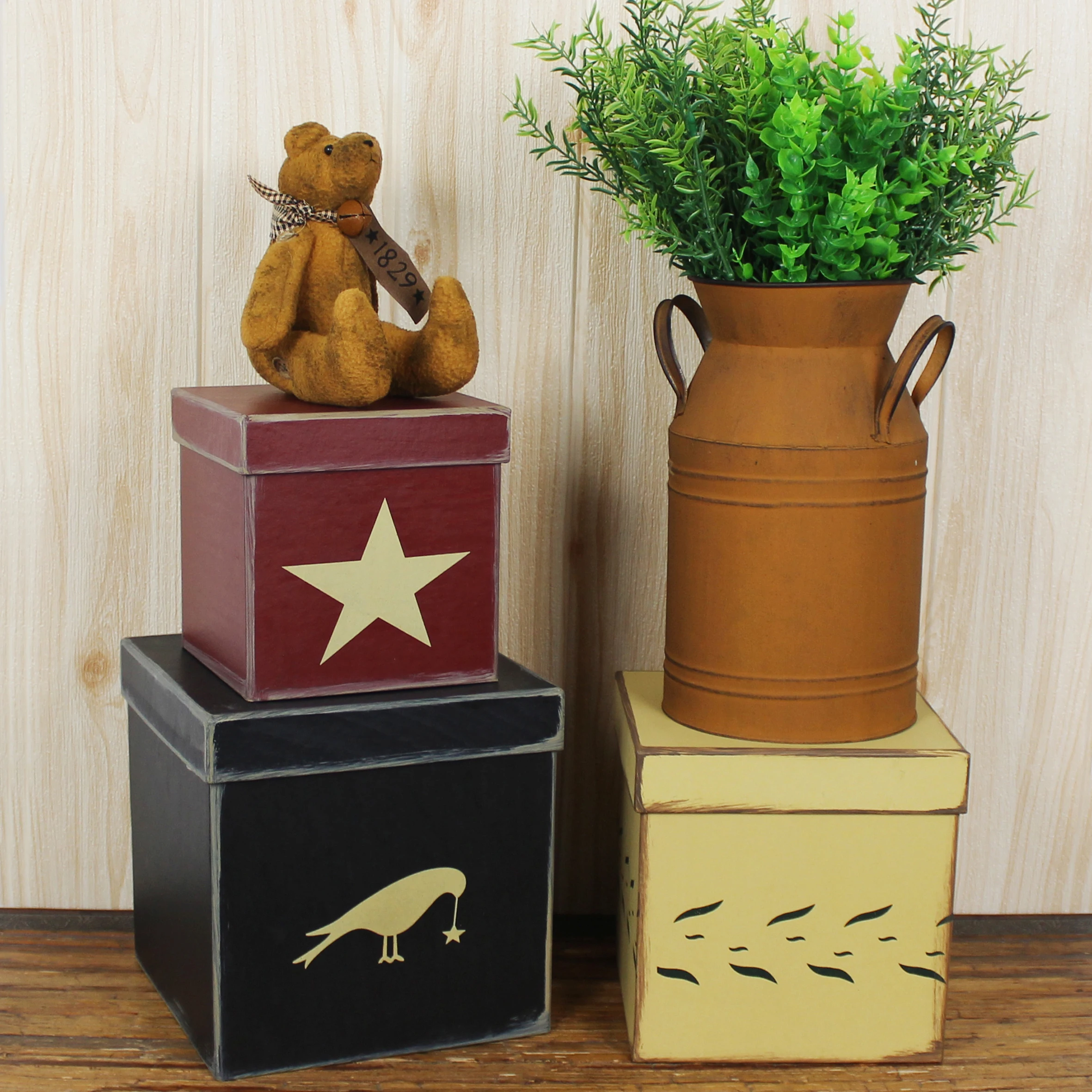 Primitive Country Cubic Star Crow Cardboard Nesting Boxes, 8/7/6 Inch. Set of 3