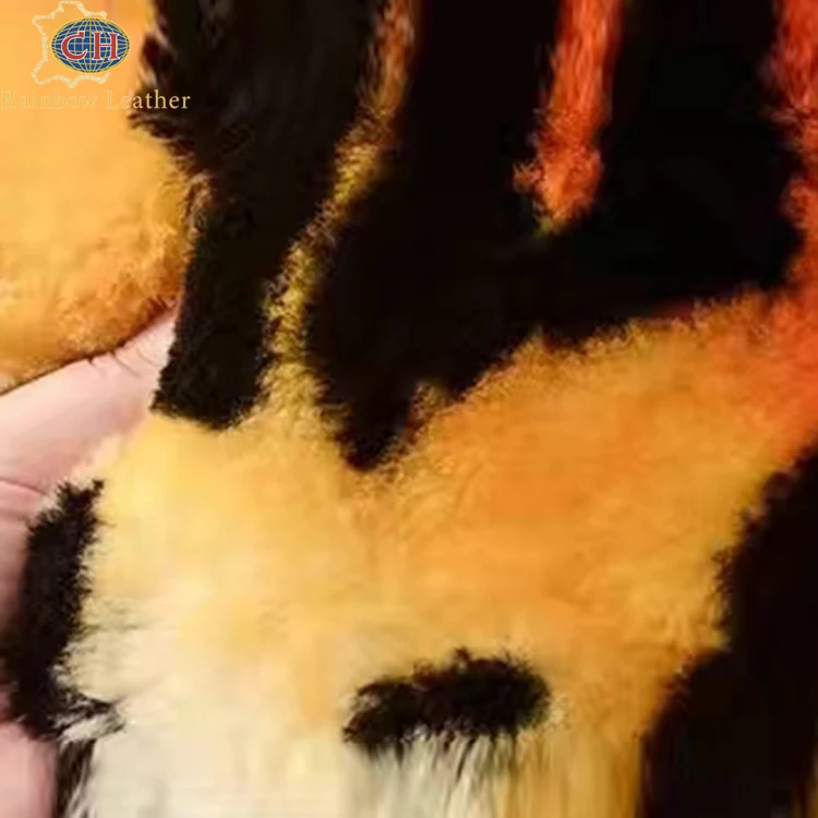 Real sheepskin fur rug long pile tiger shape printed animal genuine leather rug