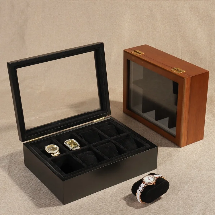 Factory Wholesale Wooden 8-Slot Watch Box Removable Watch Pillow Watch Display Case with Large Glass Lid