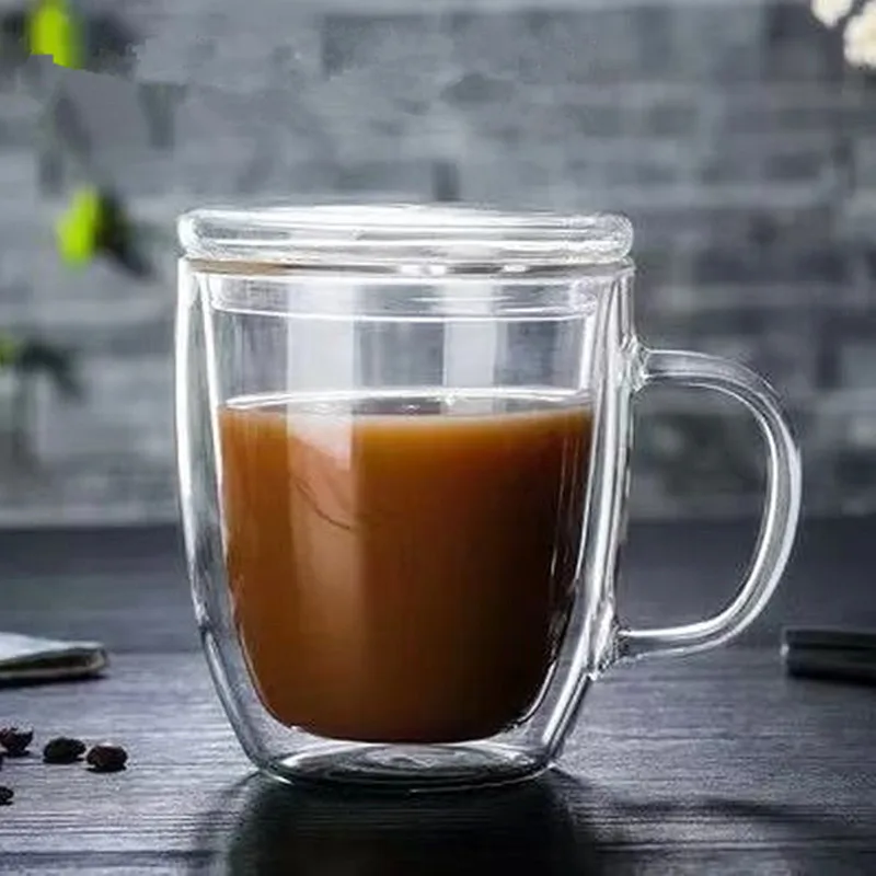 Hand Made Heat Resistant Borosilicate Glass Double Wall Coffee Cups Clear Coffee Mug Set with Handle and lid