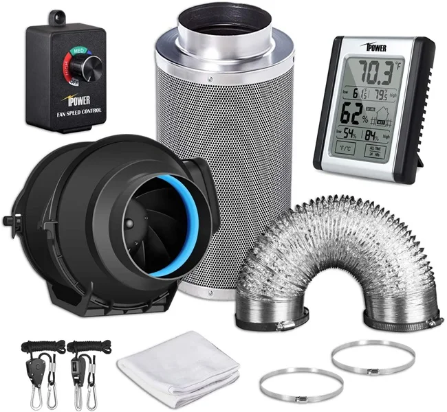 iPower 4 Inch 150 CFM Inline Filter 25 Feet Ducting with Fan Speed Controller Temperature Humidity Monitor Ventilation Kits