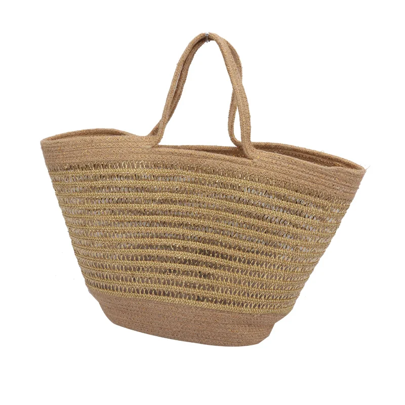 Camel color gold thread hemp gold braid handbag cotton rope storage basket casual fashion women beach bag