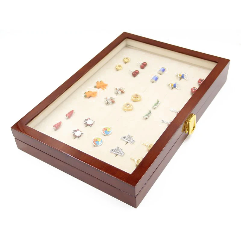 Wholesale fashion cufflinks display box high quality lacquer wooden jewelry glass cover ring jewellery packaging box