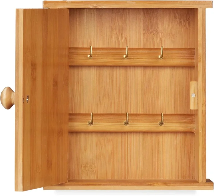 Wall Mounted Magnetic Latch Natural Bamboo Rack Wooden Key Holder Cabinet with 6 Hooks