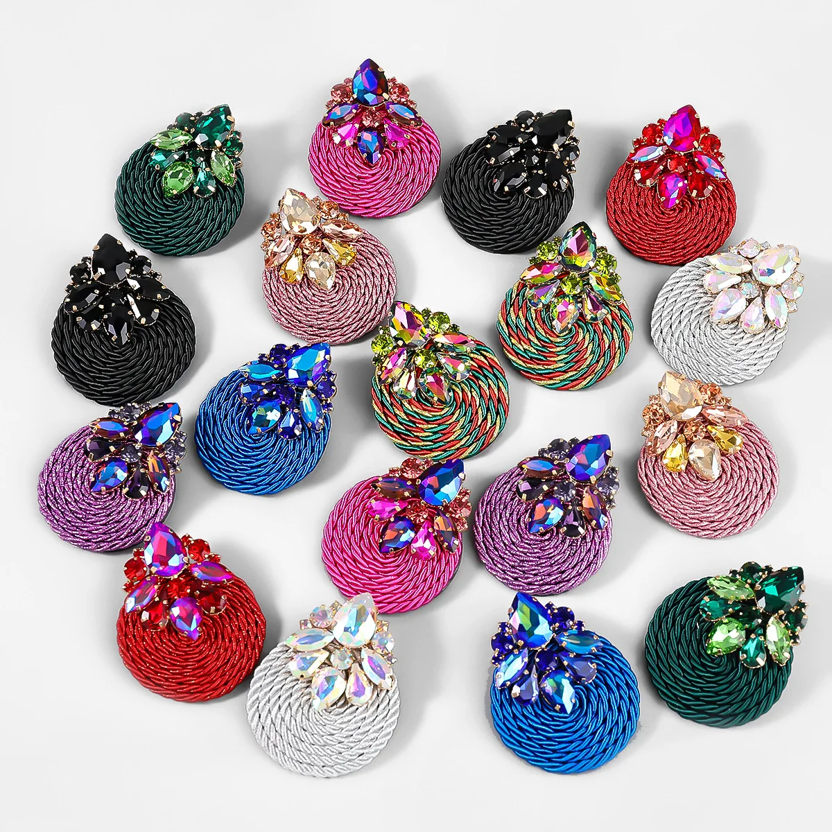 New geometric alloy glass diamond earrings polyester elastic cord braided round earrings jewelry for women