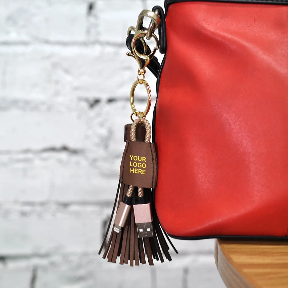 Brown key Ring cable phone charger power tassel keychain genuine leather tassel key chain With usb phone cable fringe