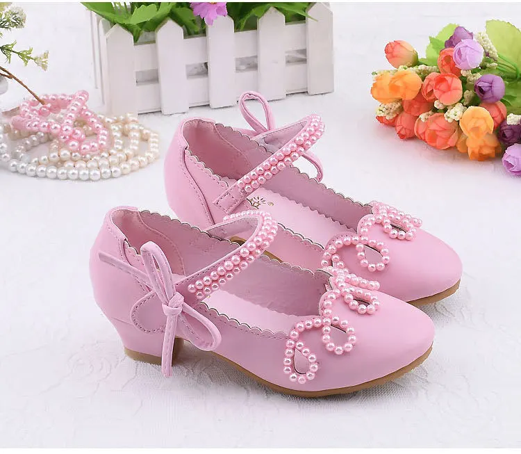  Girls high heels white leather shoes performance