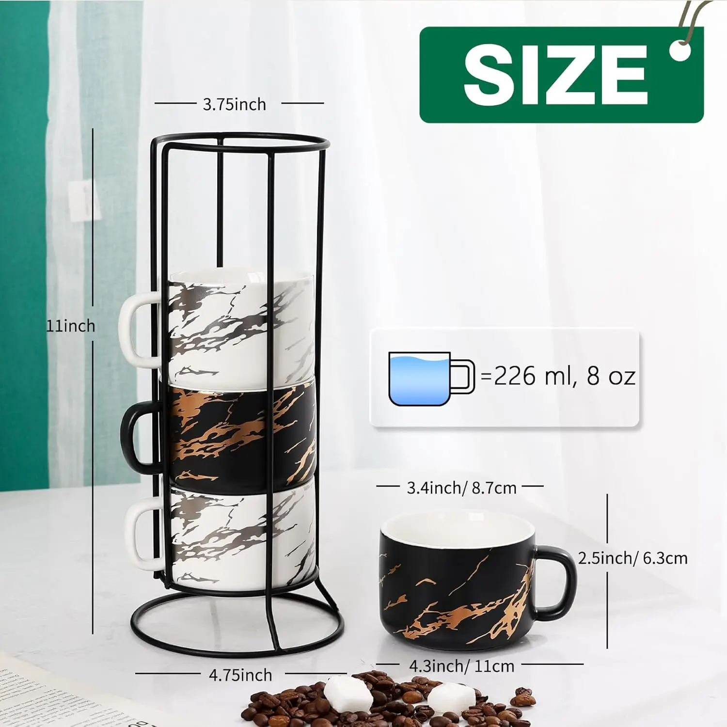 Porcelain Espresso Cups Set of 4 with Metal Stand,Marble Cups for Latte Coffee Cafe Mocha Tea