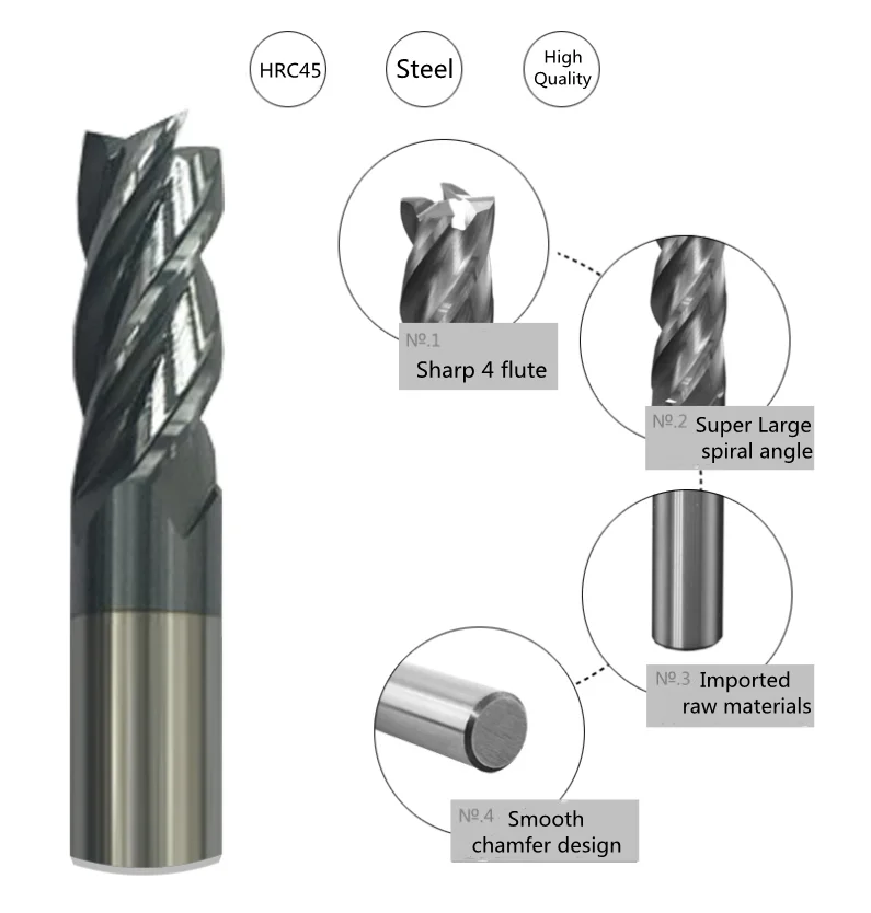 4 Flutes Square End Mills HRC45 carbide end mill  CNC Milling Cutter Cutting Tools for universal processing  OEM ODM