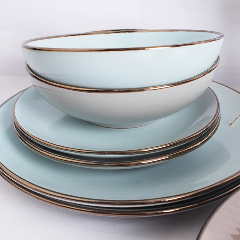 High Quality Luxury Gold Rim White Porcelain Ceramic Kitchen Utensil Plate Dish Bowl Dinner Dinnerware Set
