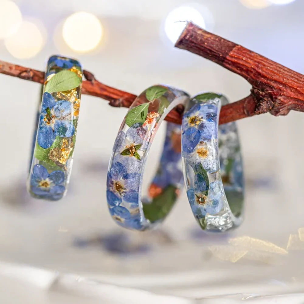 Most popular in 2023 unique nature simple and sparkling gold foil and silver foil blue floral resin ring