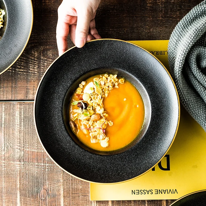 Frosted gold rimmed ceramic western food soup plate Home creative net red round straw hat plate