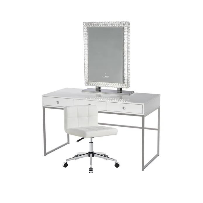 Nordic Glossy White Stainless Steel Legs Vanity Dresser Table Set With Mirror and Lights