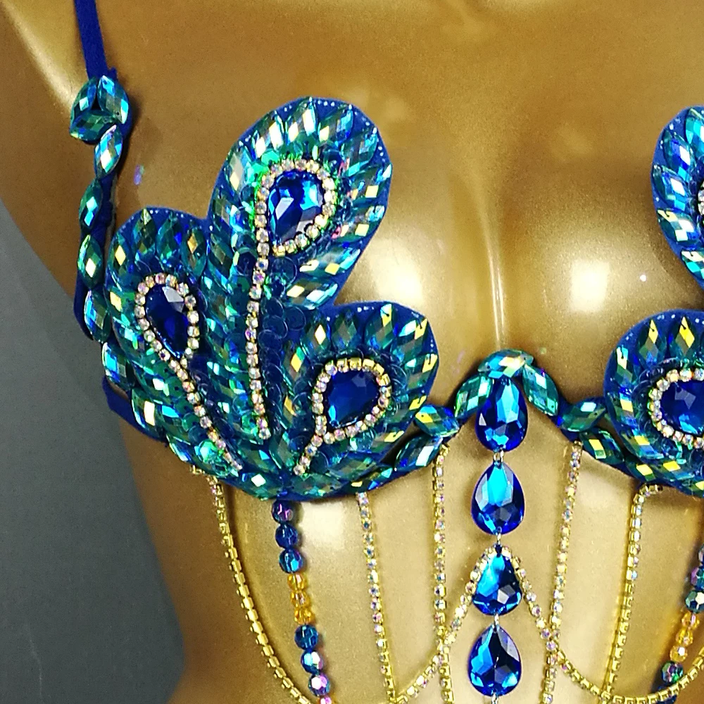 Dance Stage Performance Sexy Gymnastics Leotards Sexy Belly Dance Costume Samba Carnival Bra Belt Rainbow Stone